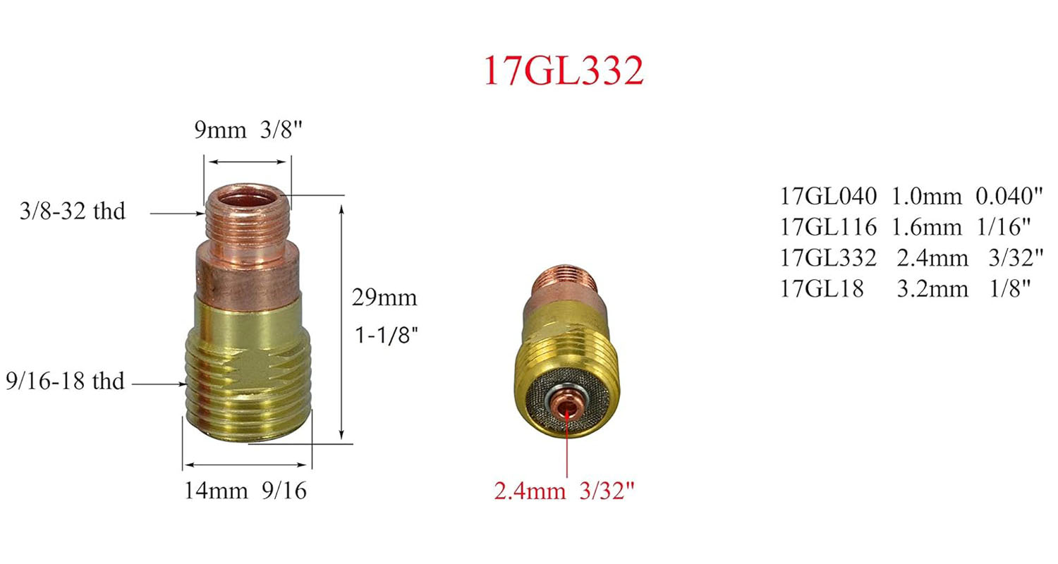 HK-Bluesweld TIG Stubby Gas Lens TIG Collet 17GL332 10N24S 3/32'' Kit Fit DB SR WP 17 18 26 TIG Welding Torch 10pcs