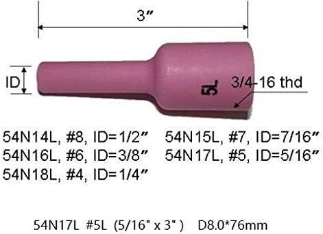 TIG Gas Lens Alumina Nozzle Ceramic Cup Long Size 54N17L #5L 5/16" 8.0mm Orifice for QQ300 PTA DB SR WP 17 18 26 TIG Welding Torch Pack of 5