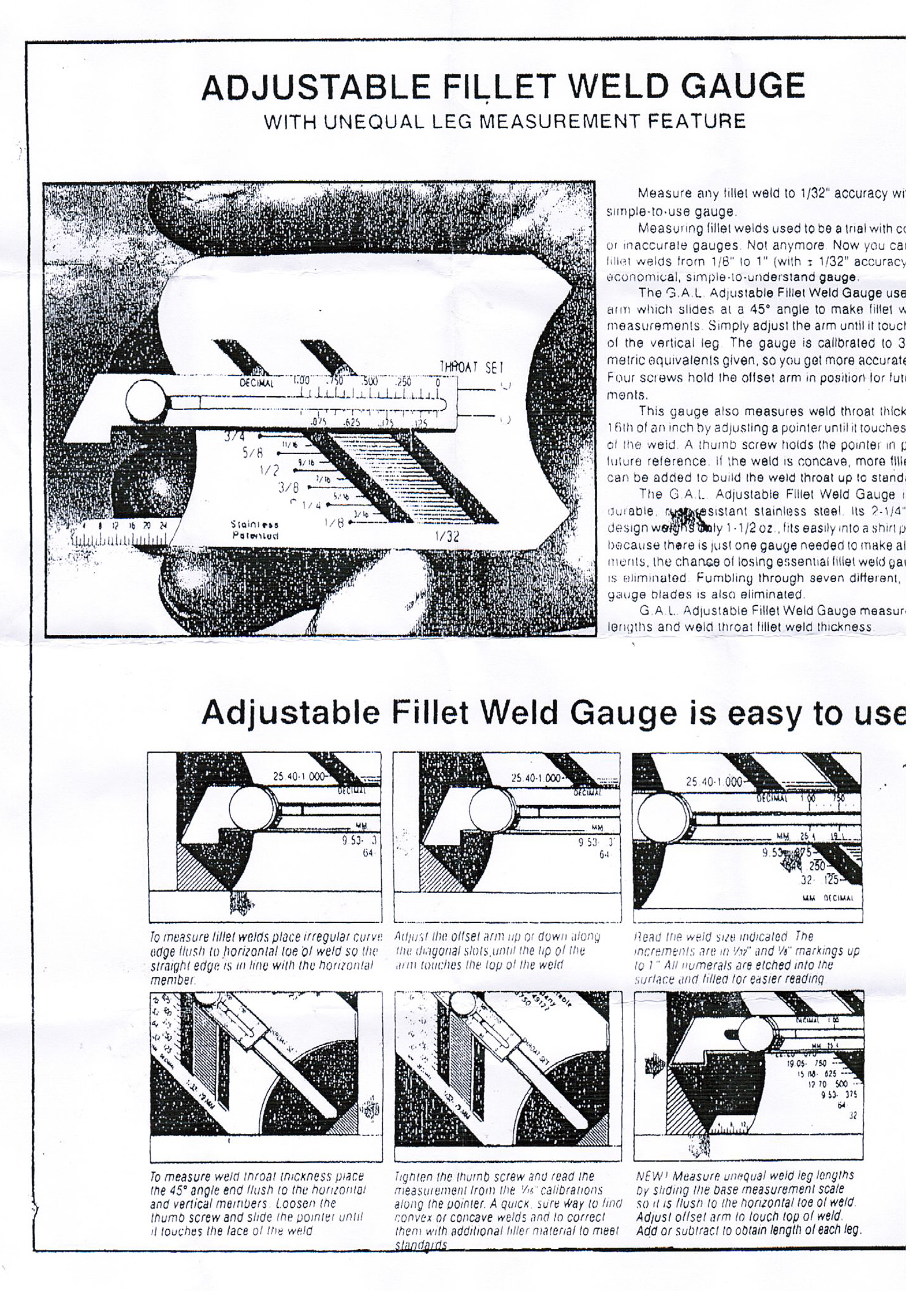 Adjustable Fillet Weld Gauge and Unequal Leg Measurement Feature Weld Inspection