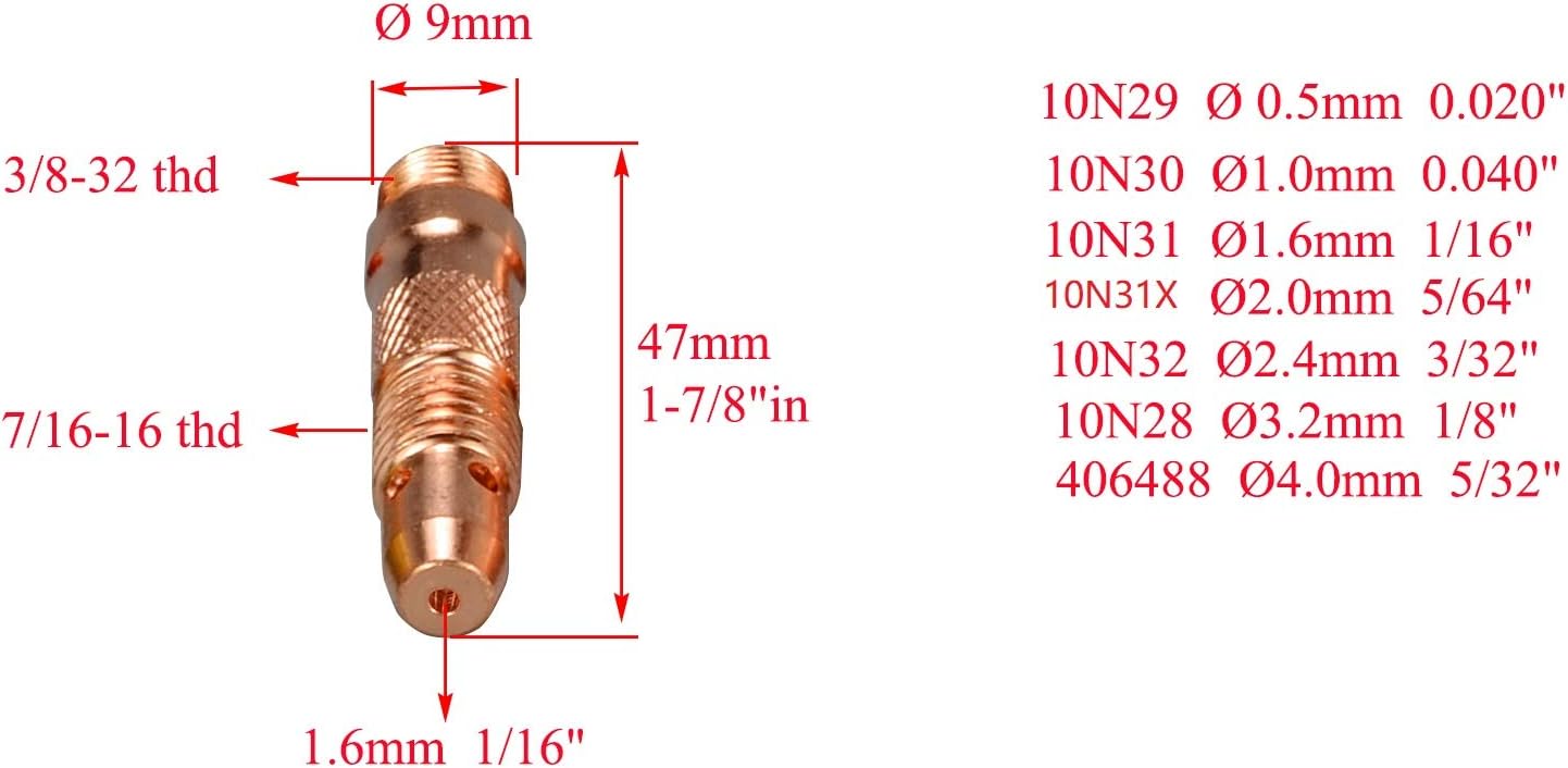 TIG Collet bodies 10N31 1/16'' 1.6mm Orifice for QQ300 PTA DB SR WP 17 18 26 TIG Welding Torch Pack of 5