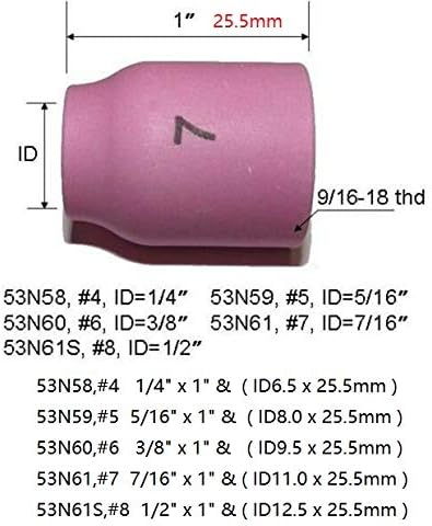 TIG Alumina Nozzle Ceramic Cups 53N58 1/4" #4, 53N59 5/16" #5, 53N60 3/8" #6, 53N61 7/16" #7, 53N61S 1/2" #8 Assorted kit for SR WP 9 17 18 20 25 26 TIG Welding Torch 5pcs
