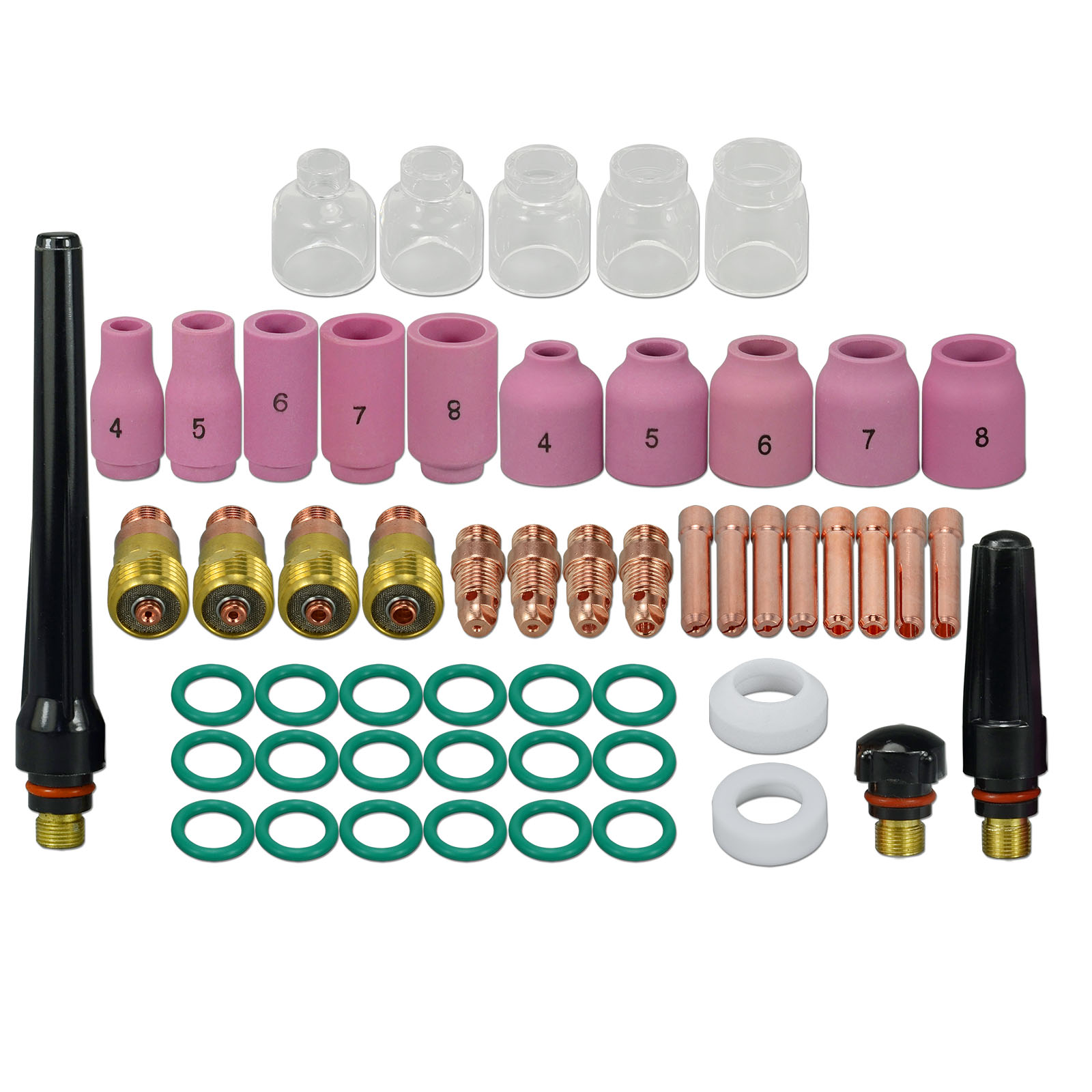 TIG Stubby Gas Lens Collet Bodies 17CB20 17GL 10N Series Glass Cups Clear Quartz Nozzle 4#~8# Alumina Nozzles Ceramic Cups 53N 13N series for SR WP 17 18 26 TIG Welding Torch 54pcs