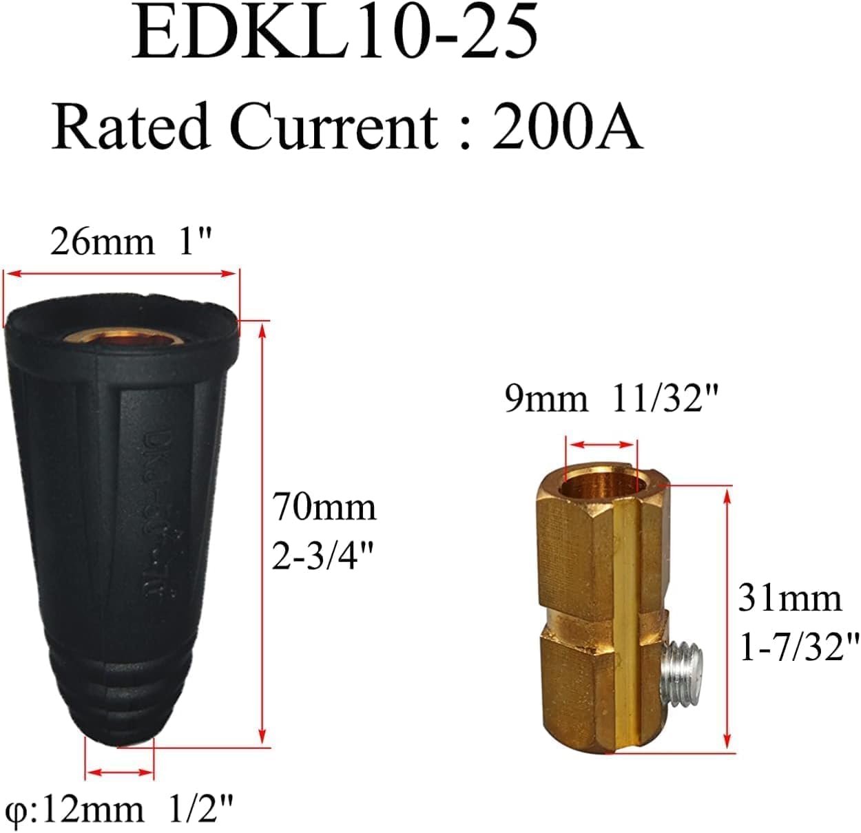TIG Welding Cable Panel Connector Socket EDKL10-25 200Amp with Black and Red Color Dinse-Style Quick Fitting 2pcs