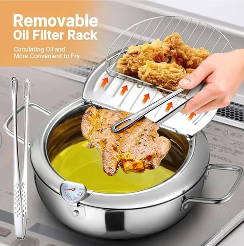 🔥Stainless Steel Frying Pot with Thermometer and Oil Drip Drainer Rack🎉