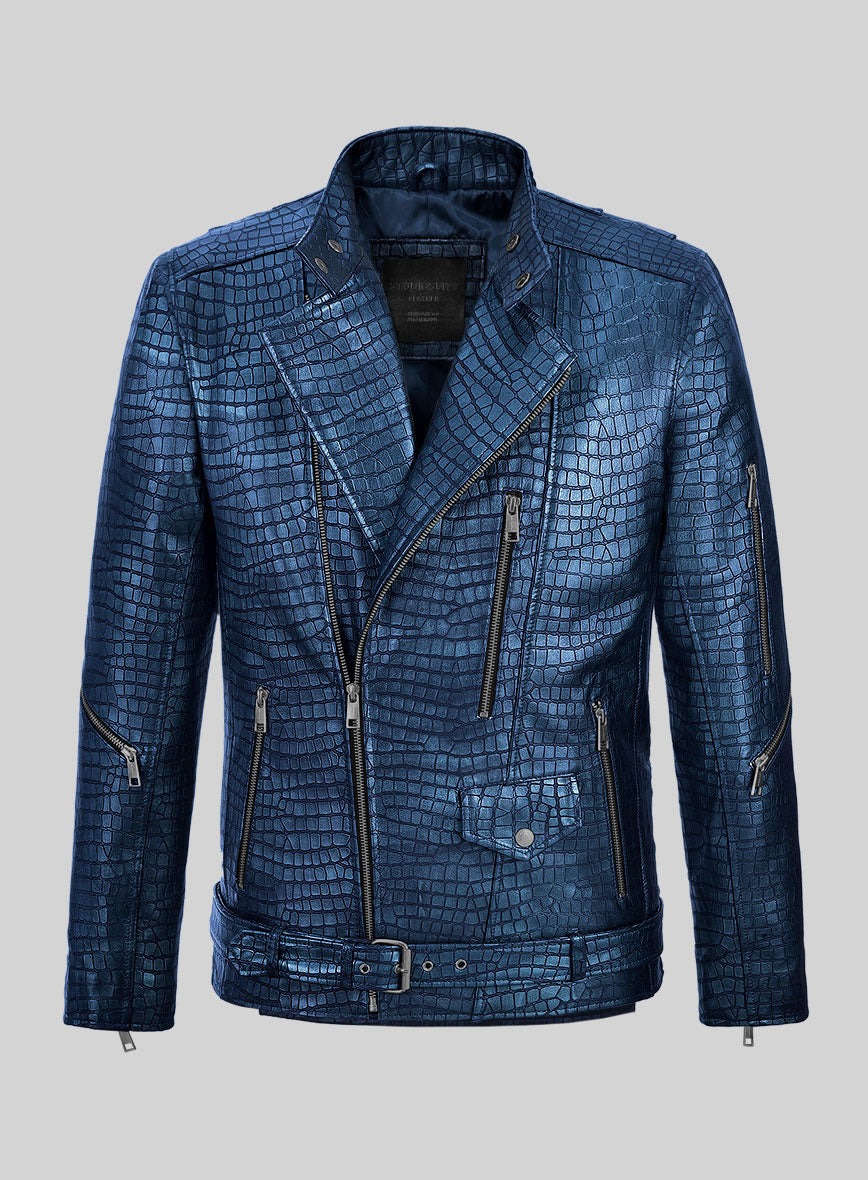 Enigmatic Croc Metallic Blue Leather Jacket