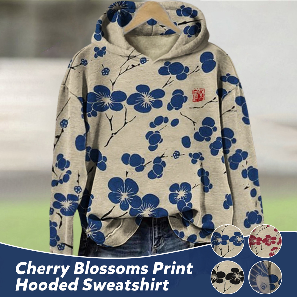 Boloone Women's Vintage Cherry Blossoms Print Hooded Sweatshirt