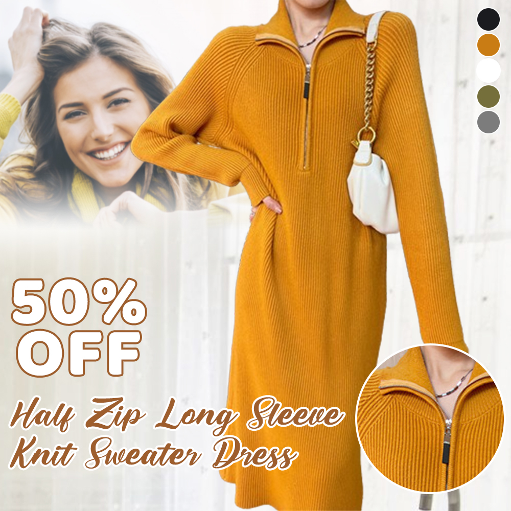 Boloone 💥50% Off Sale💃Half Zip Long Sleeve Knit Sweater Dress——✨ BUY 2 FREE SHIPPING✨