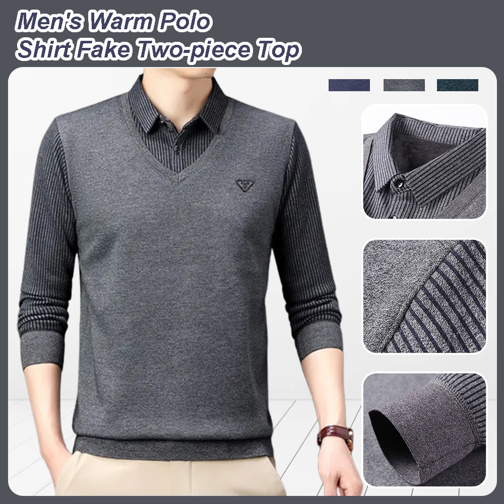 Shobous Winter Thicken Men's Warm Polo Shirt Fake Two-piece Top