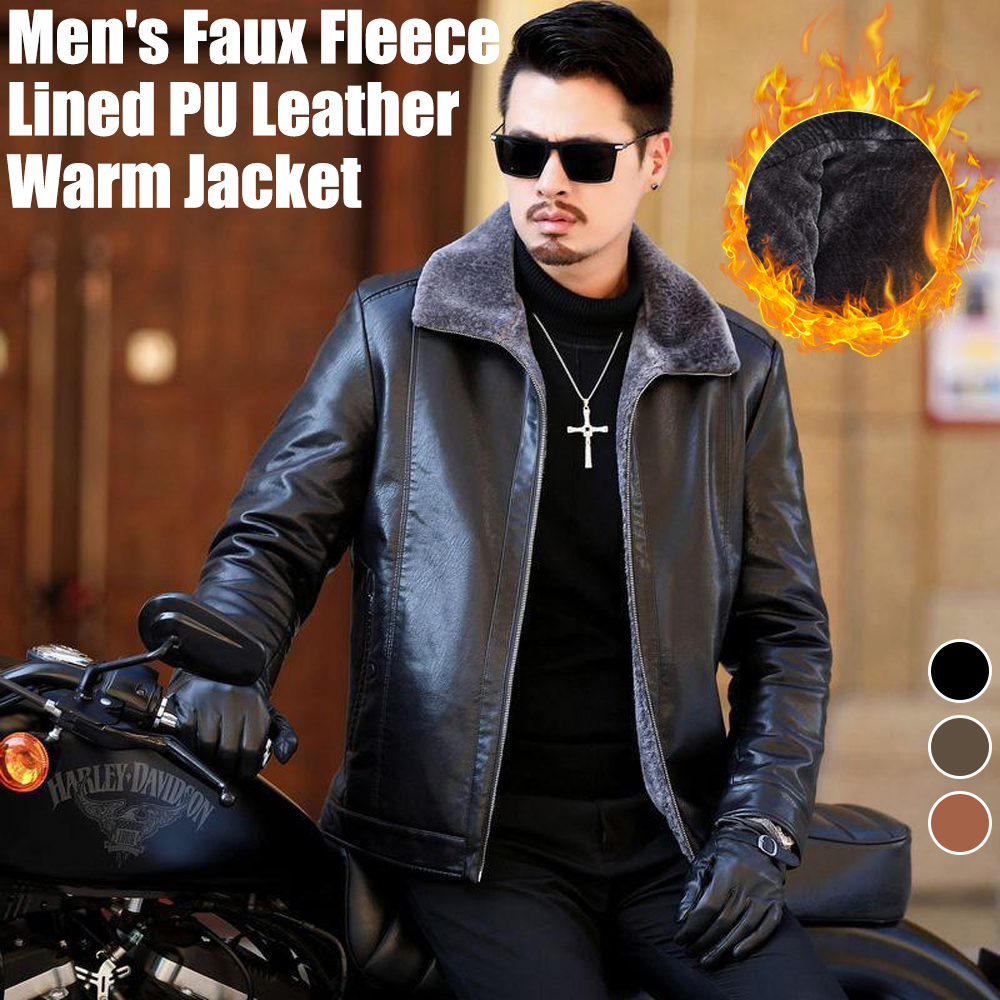 Shobous Men's Faux Fleece Lined PU Leather Warm Jacket