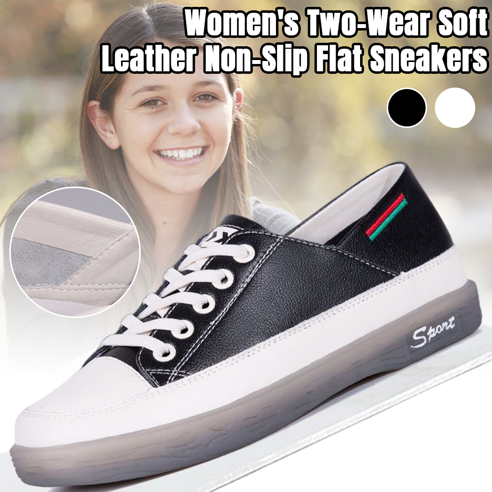 Shobous Women's Two-Wear Soft Leather Non-Slip Flat Sneakers
