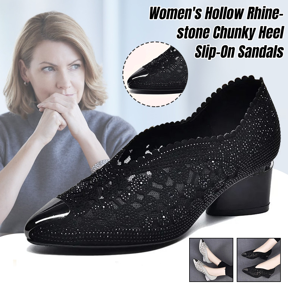 Shobous Women's Hollow Rhinestone Chunky Heel Slip-On Sandals