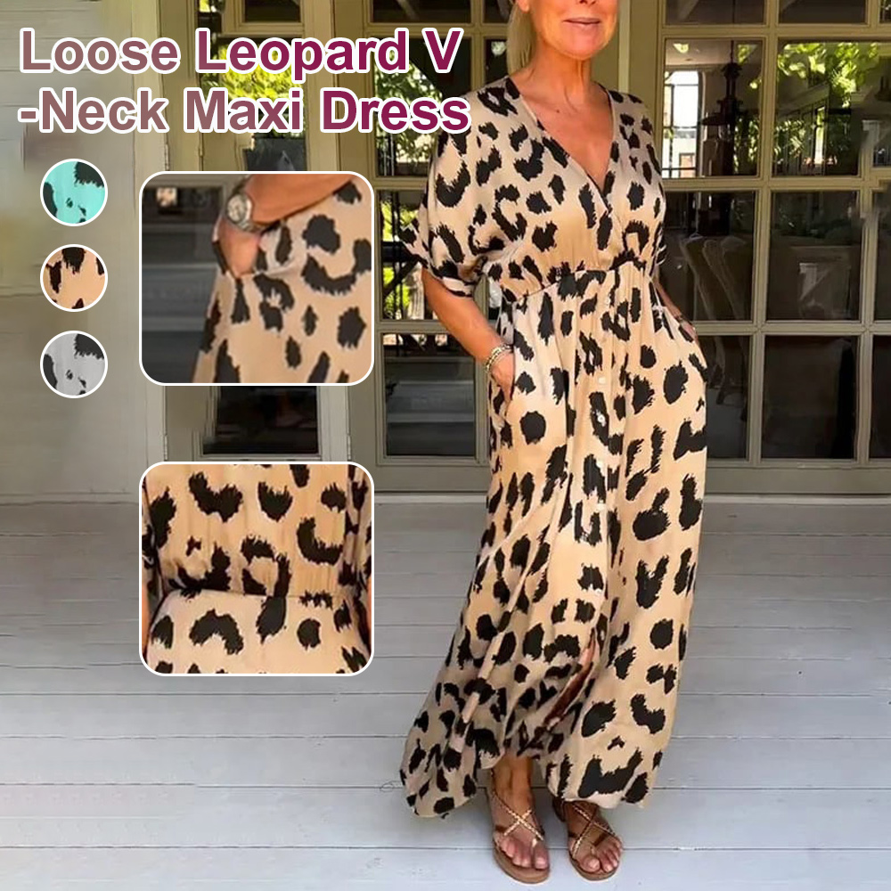 Shobous Loose Leopard V-Neck Maxi Dress