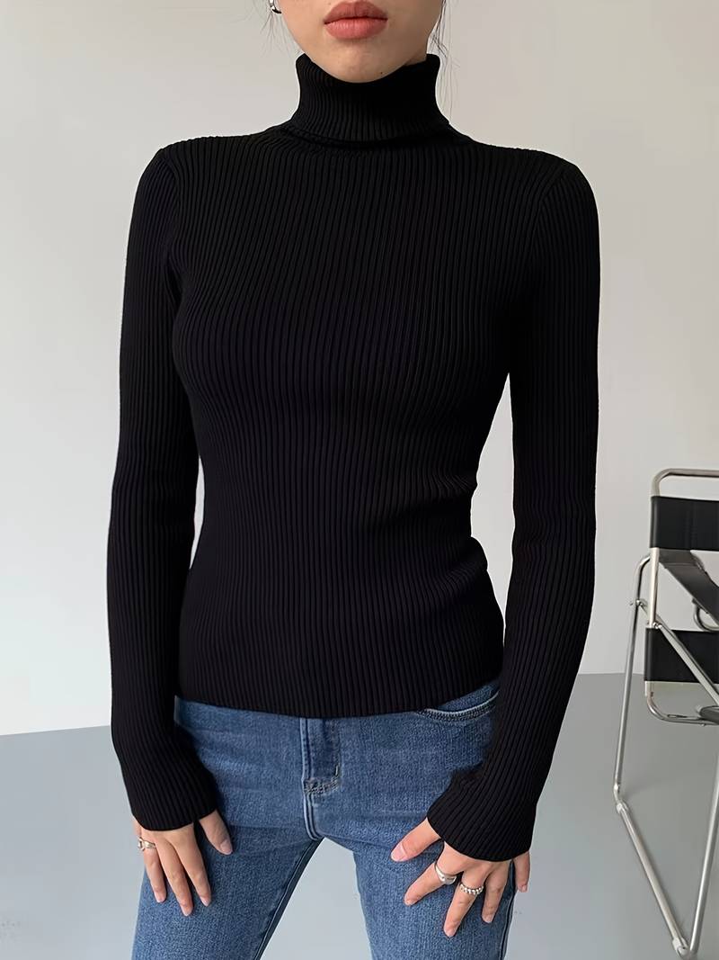 Women's Sweater Turtleneck Solid Ribbed Long Sleeve Slim Pullover Knit Tops