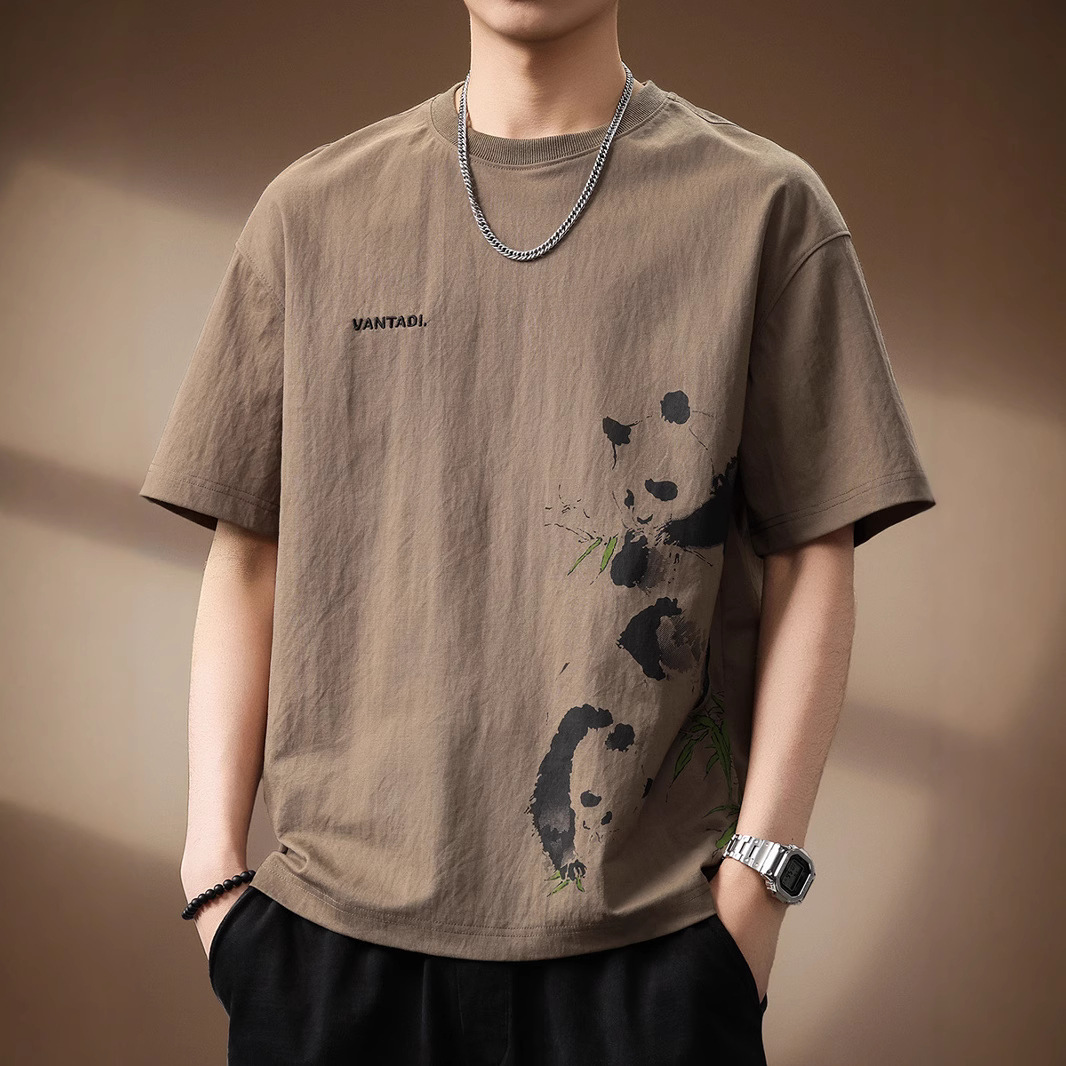 復古感貓熊印花短袖T卹男士夏季寬鬆字母刺繡設計半袖體卹