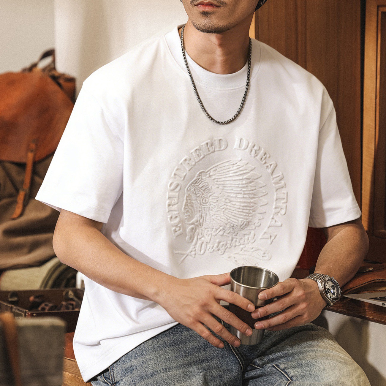 美式復古重磅竹節棉T卹男夏季短袖潮牌立體浮雕休閒寬鬆上衣