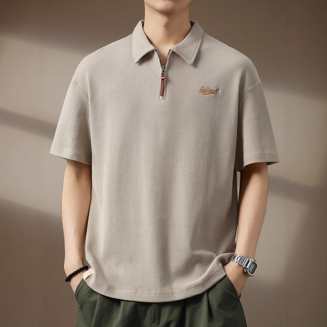 美式復古華夫格半拉鏈Polo衫男士夏季潮牌寬鬆透氣短袖T卹