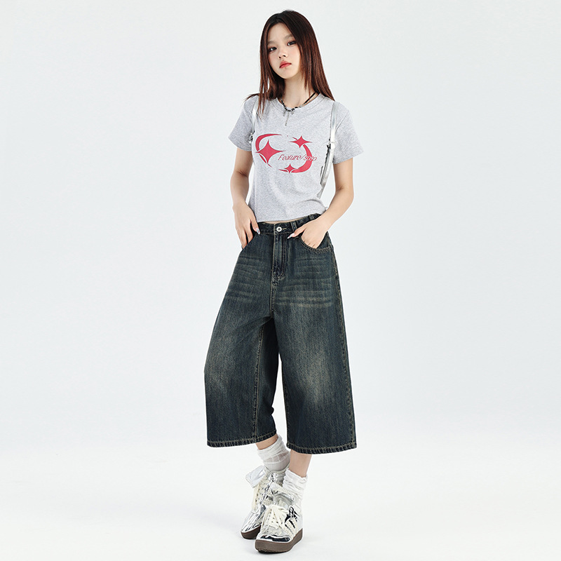 美式復古寬鬆闊腿牛仔褲女春夏季潮流顯瘦直筒七分褲