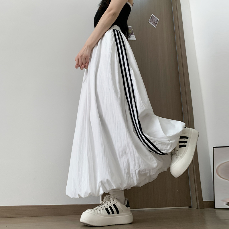 美式休閒工裝花苞裙春夏高腰A字長裙慵懶速乾條紋半身裙