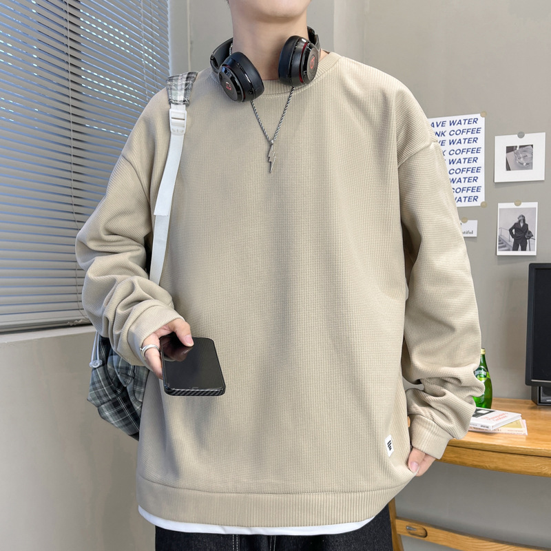 時尚華夫格拼色假兩件設計感衛衣秋季男士寬鬆圓領長袖套頭衫