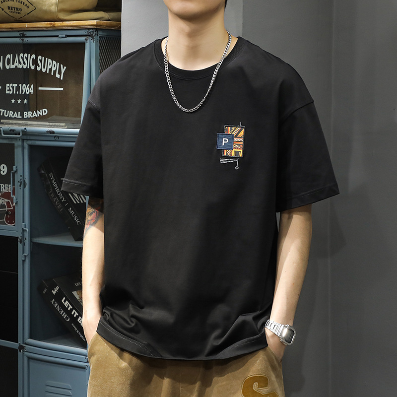 美式痞帥風短袖T卹男士潮牌復古貼布繡設計感棉質寬鬆上衣體恤