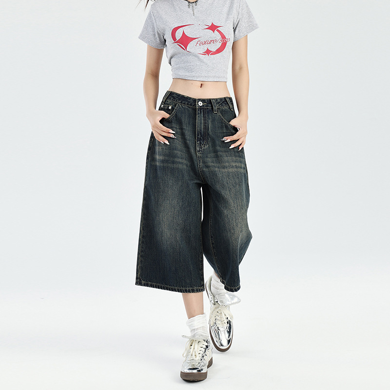 美式復古寬鬆闊腿牛仔褲女春夏季潮流顯瘦直筒七分褲