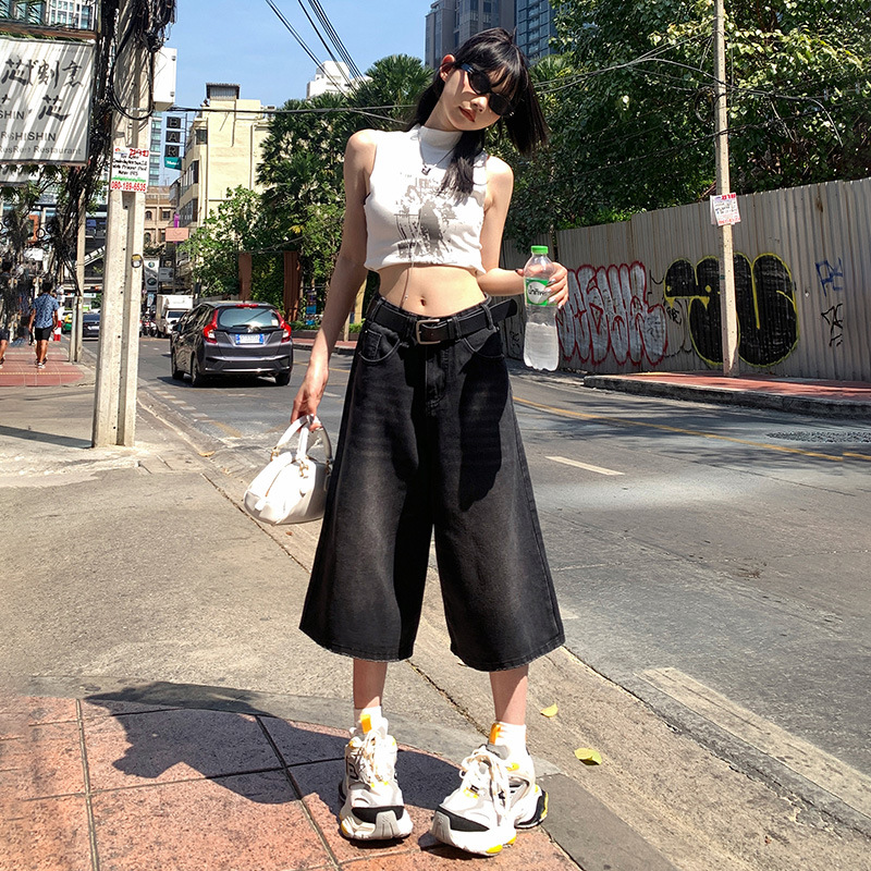 美式復古直筒牛仔寬褲女百搭潮流七分褲春夏季闊腿牛仔褲