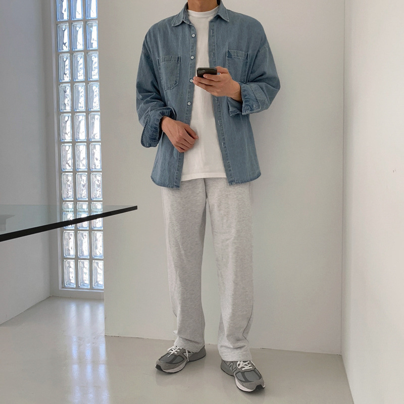 日系復古做舊牛仔長袖襯衫男士春秋季潮牌寬鬆薄外套