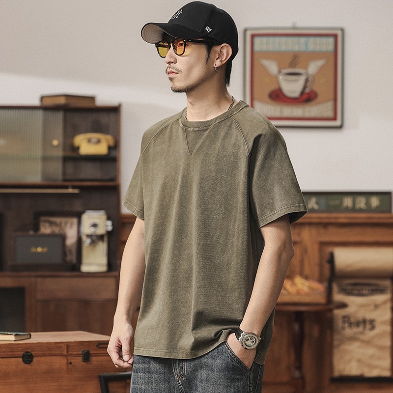 復古水洗做舊純棉男士短袖T卹夏季潮流寬鬆套頭休閒上衣