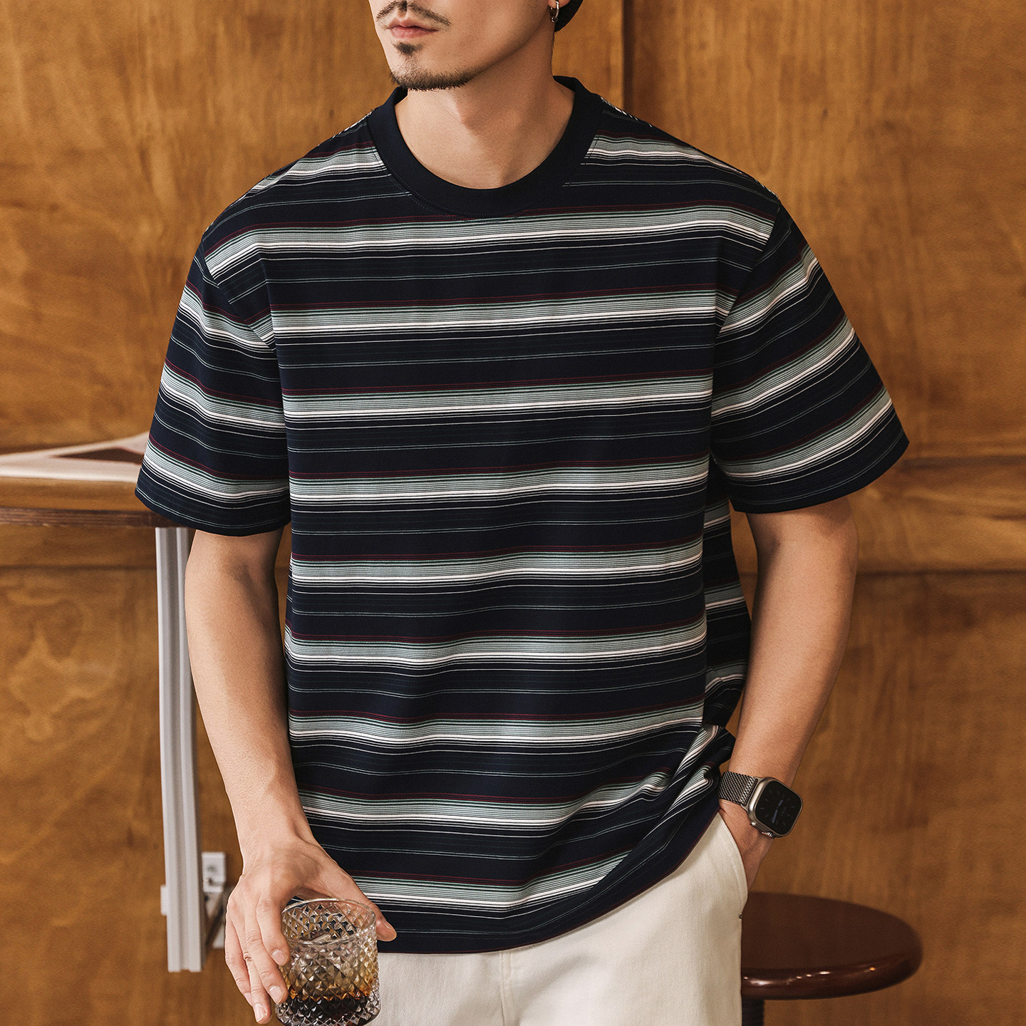 美式復古重磅撞色條紋T卹男士潮流寬鬆休閒短袖上衣體卹