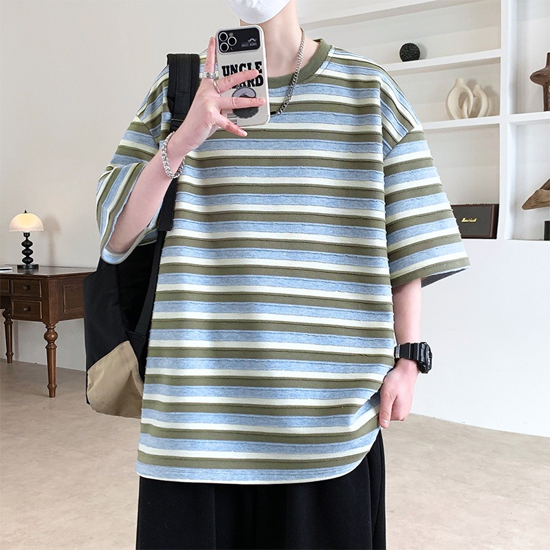 復古肌理感條紋短袖T卹美式潮流寬鬆短袖T卹男
