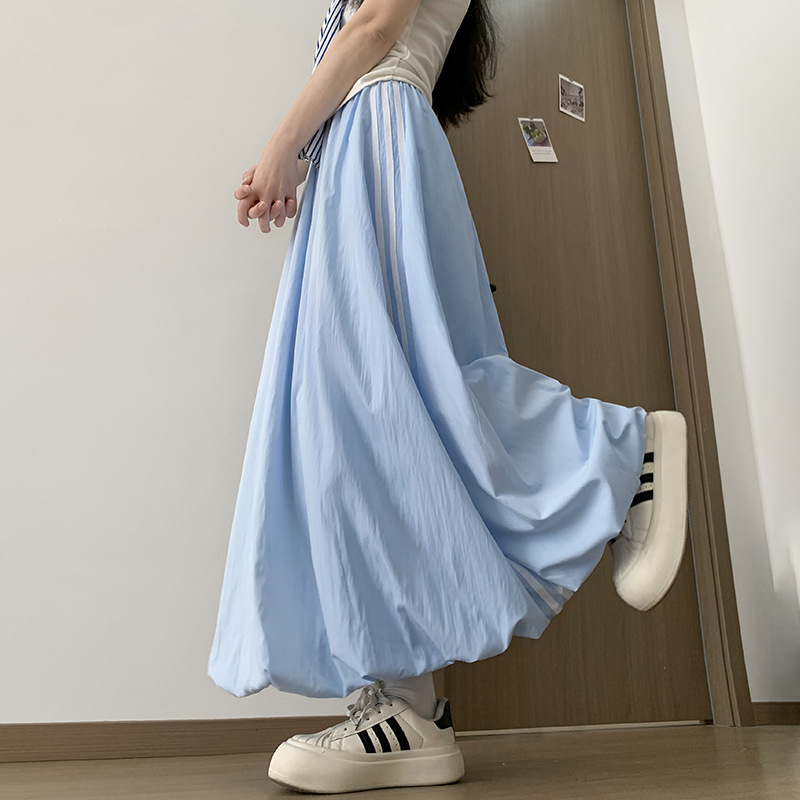 美式休閒工裝花苞裙春夏高腰A字長裙慵懶速乾條紋半身裙