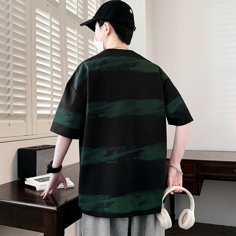 美式復古紮染條紋設計感短袖T卹男士夏季潮流寬鬆落肩袖體卹