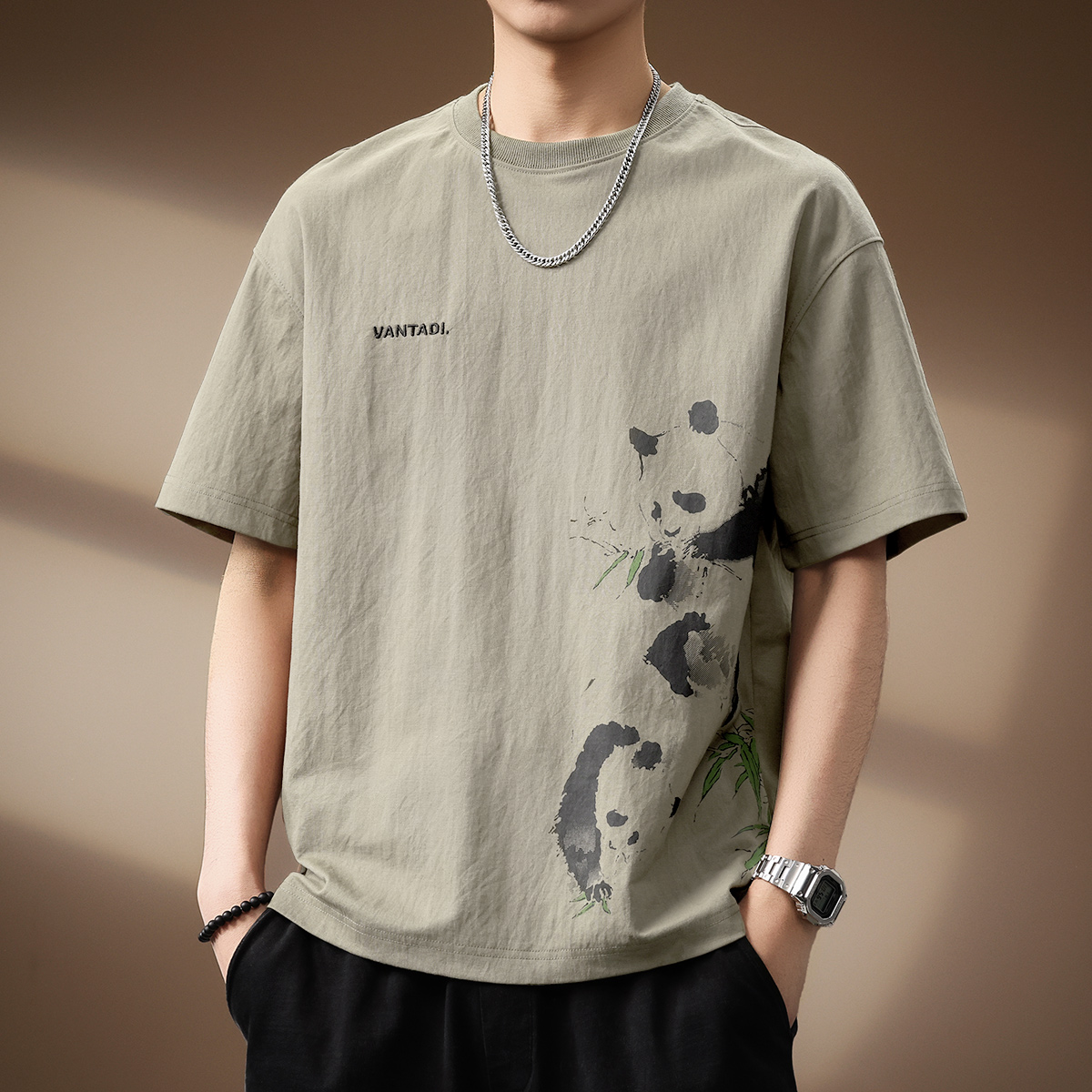 復古感貓熊印花短袖T卹男士夏季寬鬆字母刺繡設計半袖體卹