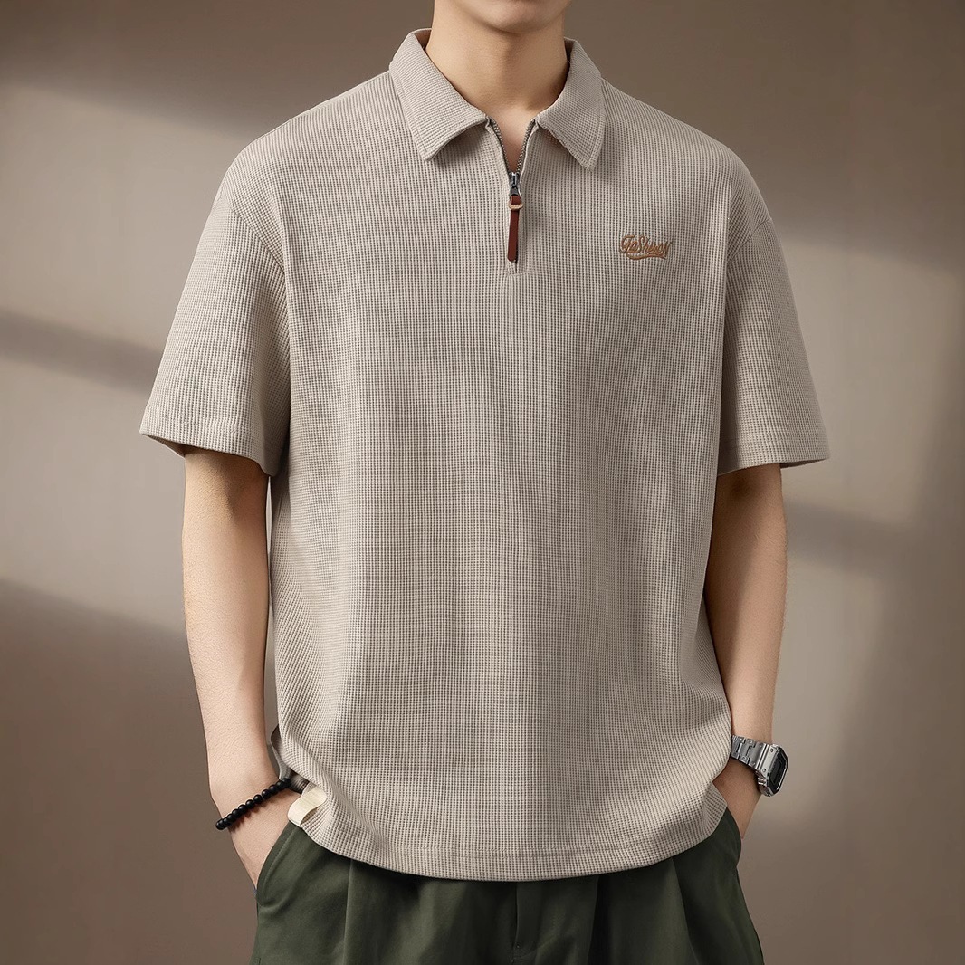 美式復古華夫格半拉鏈Polo衫男士夏季潮牌寬鬆透氣短袖T卹