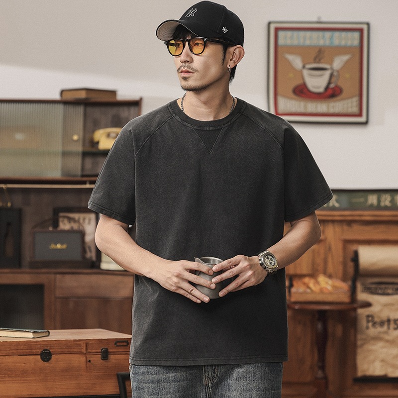 復古水洗做舊純棉男士短袖T卹夏季潮流寬鬆套頭休閒上衣