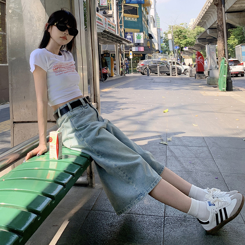 美式復古直筒牛仔寬褲女百搭潮流七分褲春夏季闊腿牛仔褲