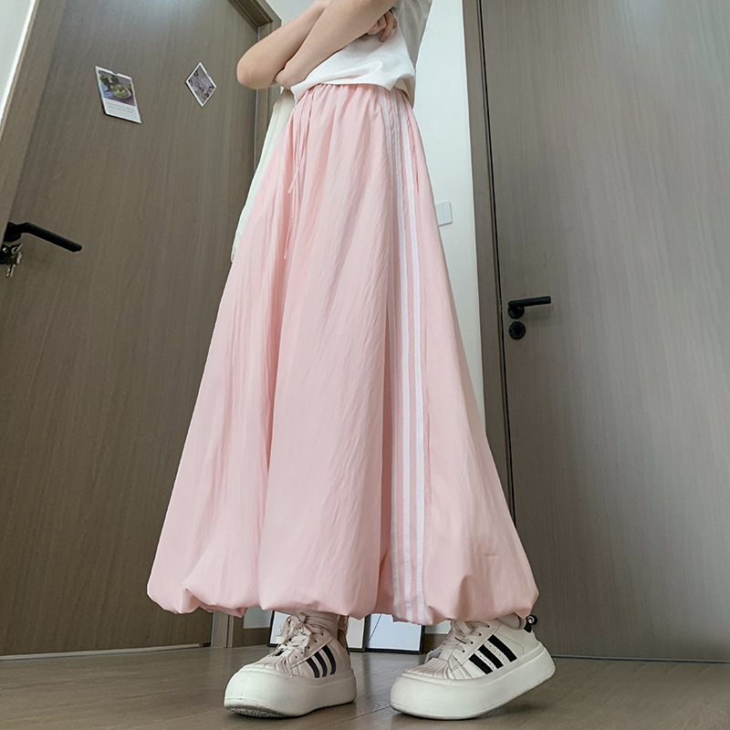 美式休閒工裝花苞裙春夏高腰A字長裙慵懶速乾條紋半身裙