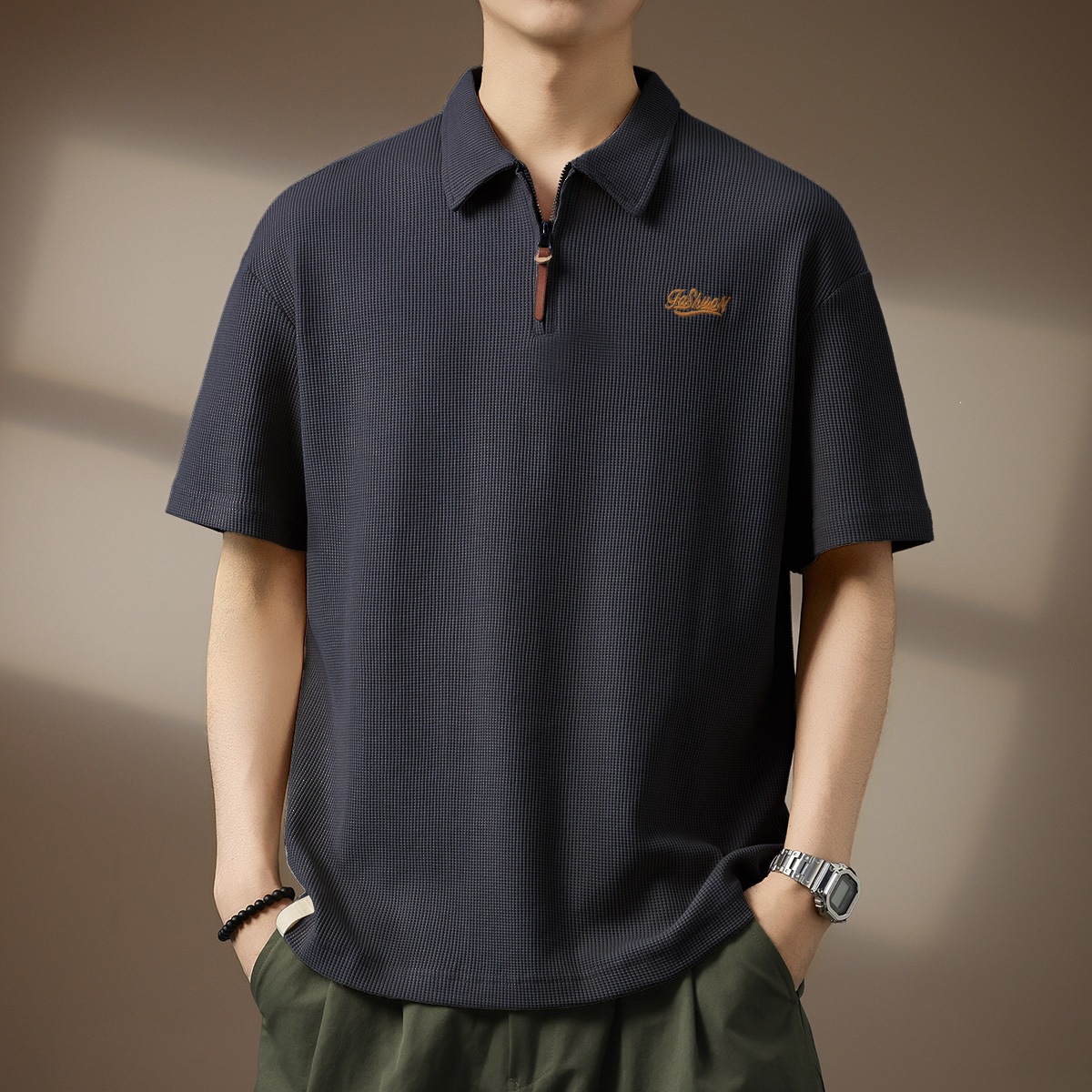 美式復古華夫格半拉鏈Polo衫男士夏季潮牌寬鬆透氣短袖T卹