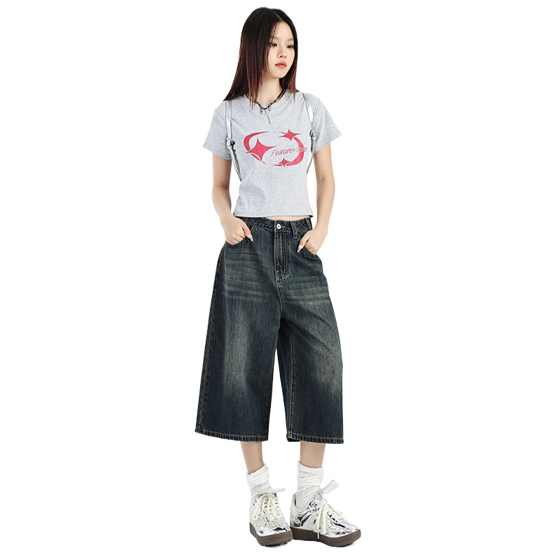 美式復古寬鬆闊腿牛仔褲女春夏季潮流顯瘦直筒七分褲