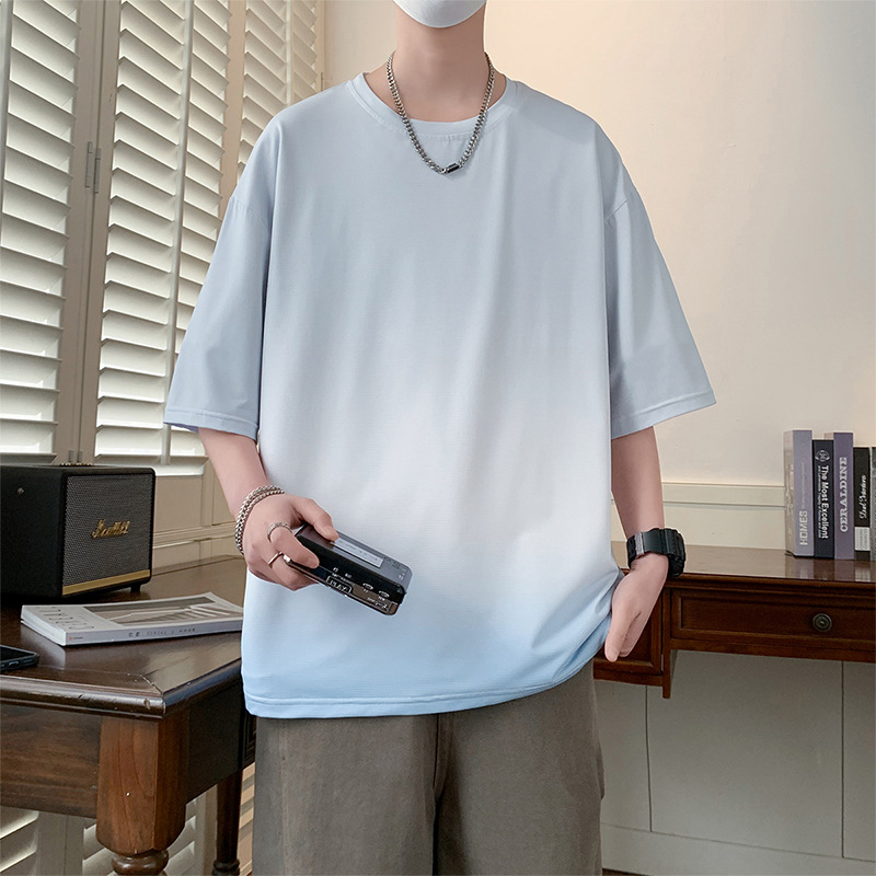 時尚潮流紮染漸變色短袖T卹男士夏季寬鬆冰絲體卹上衣