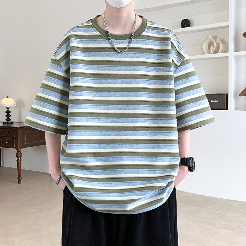復古肌理感條紋短袖T卹美式潮流寬鬆短袖T卹男