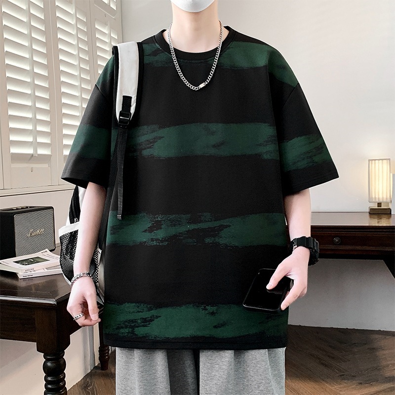 美式復古紮染條紋設計感短袖T卹男士夏季潮流寬鬆落肩袖體卹