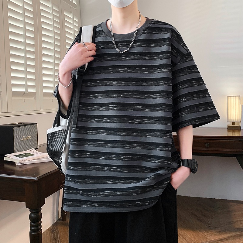復古肌理感條紋短袖T卹美式潮流寬鬆短袖T卹男