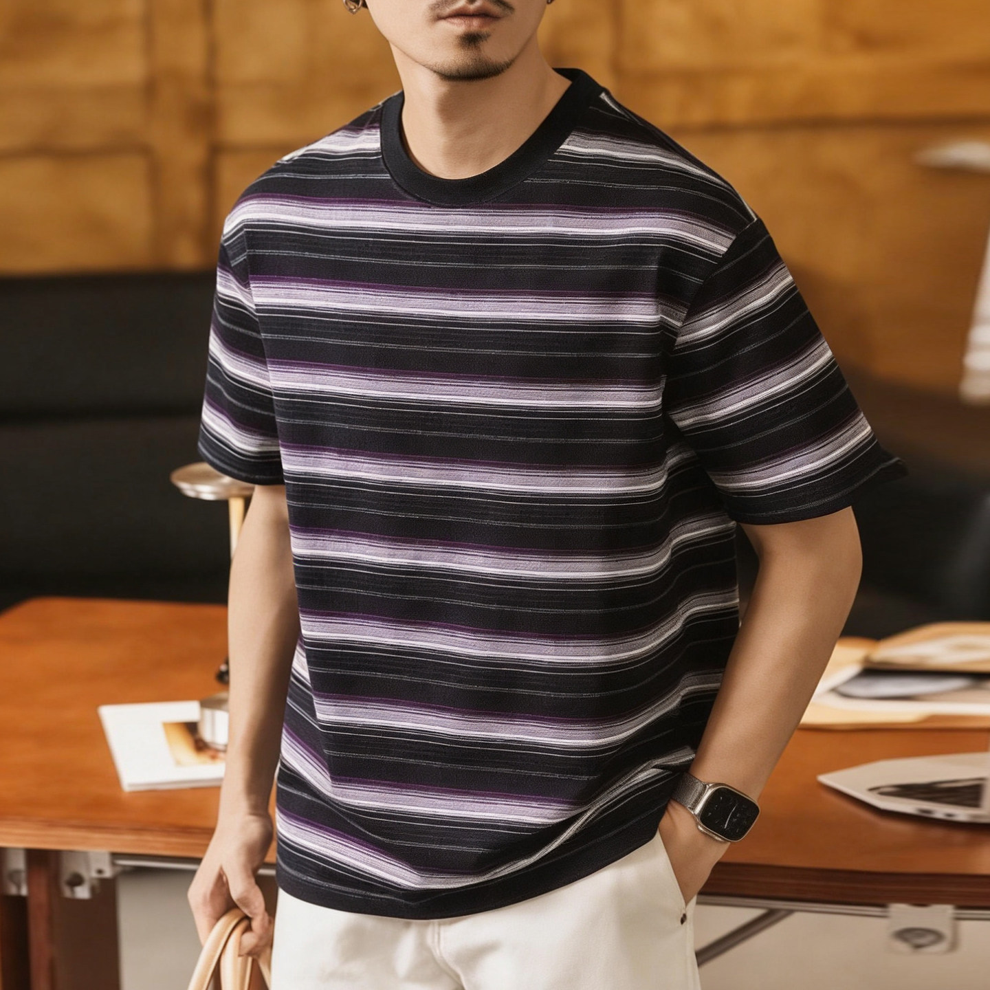 美式復古重磅撞色條紋T卹男士潮流寬鬆休閒短袖上衣體卹