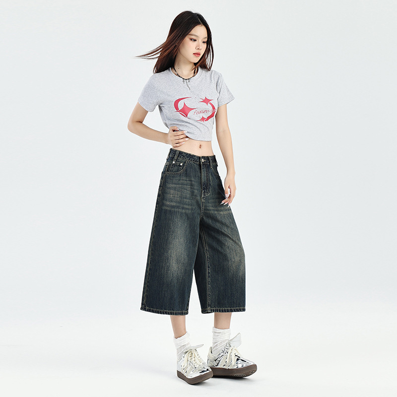 美式復古寬鬆闊腿牛仔褲女春夏季潮流顯瘦直筒七分褲
