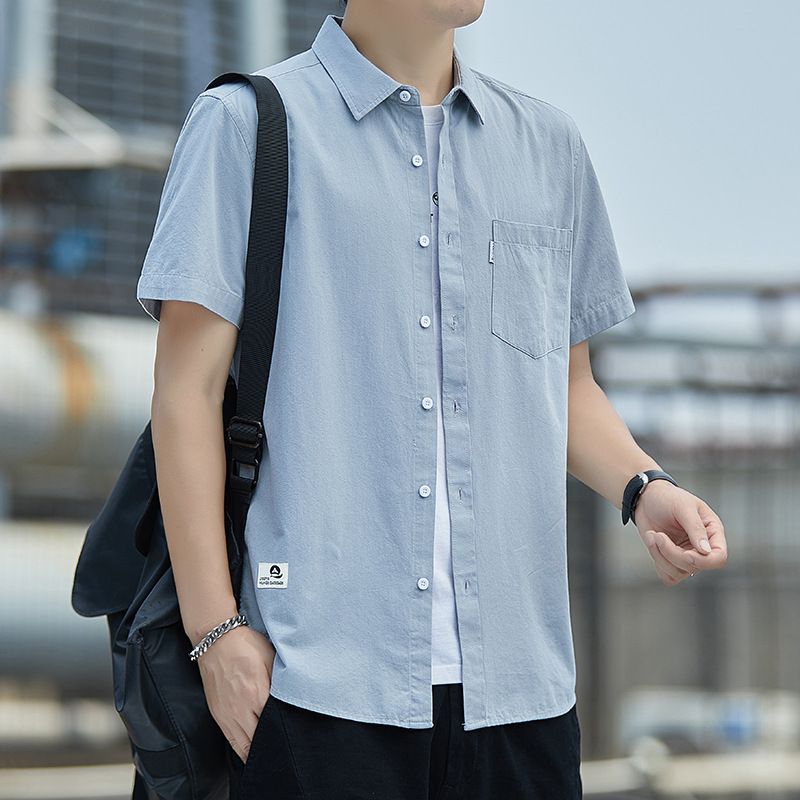 夏季純棉短袖襯衫男士韓版修身帥氣百搭潮流襯衫上衣