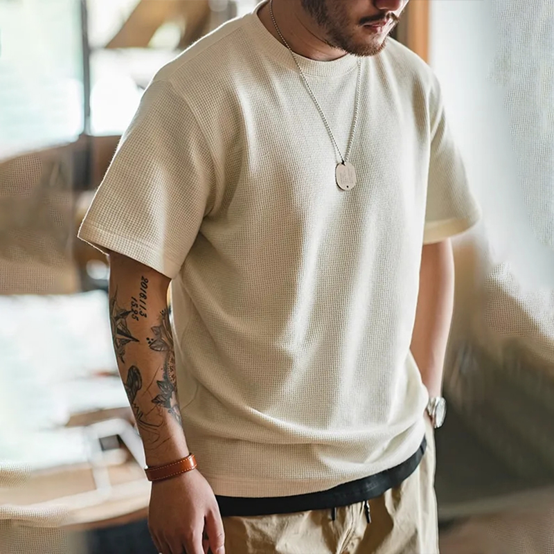 馬登工裝 美式250g華夫格圓領針織短袖T恤純色休閒打底衫男春夏