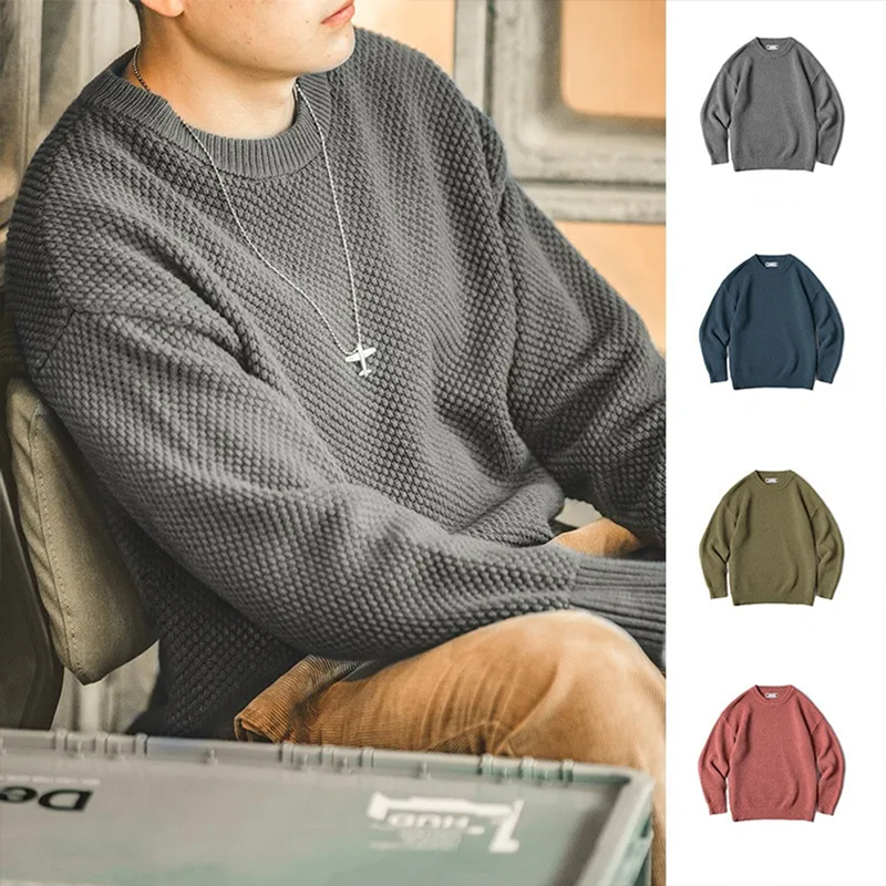 馬登工裝 復古重磅鳳梨紋毛衣加厚圓領慵懶秋冬針織衫