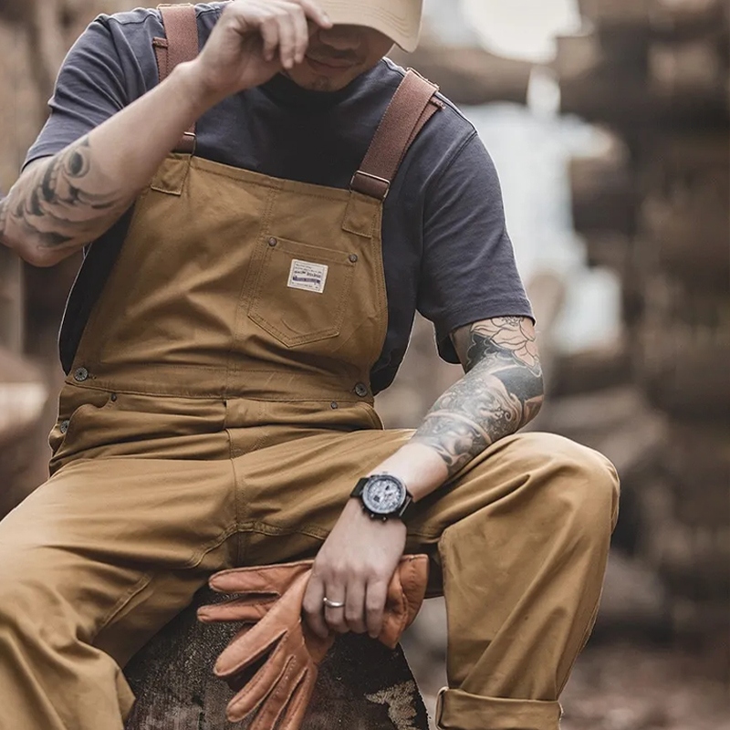 馬登工裝 復古卡其古著背帶褲阿美咔嘰連身口袋直筒吊帶褲男潮