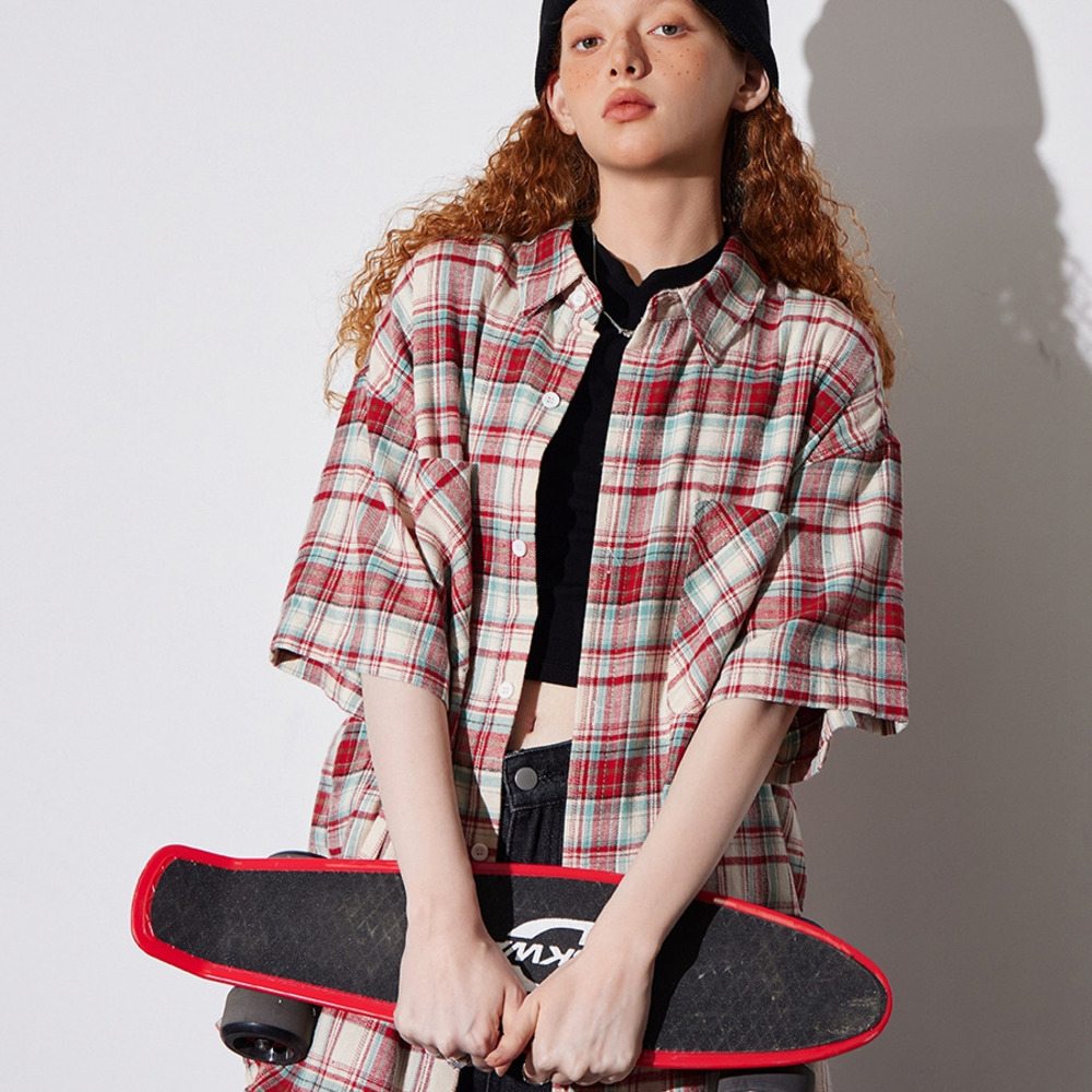 美式復古格子短袖襯衫T恤女夏季寬鬆半袖百搭襯衣潮